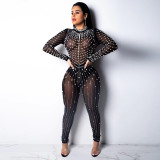 Women Sexy Mesh See-Through Beaded Round Neck Long Sleeve Jumpsuit