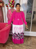 Plus Size African Women Chic Top+ Printed Pleated Skirt Two-piece Set