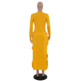 Women Casual Printed Ruffle Edge Side Slit Dress