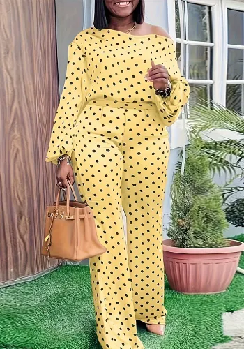 Plus Size Women Polka Dot Slash Shoulder Top and Pant Two-piece Set
