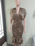 Summer v-neck Low Back Slim Fit leopard print Slim Waist sexy dress