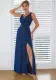 Women Sleeveless Backless Lace-Up Evening Gown with Diagonal Slit