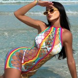 Women Rainbow Ripped Backless Lace-Up Sexy Net Jumpsuit