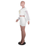 Women's See-Through Mesh Patchwork Long Sleeves Round Neck Two-Piece Shorts Set