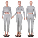 Women's Round Neck Pocket Long Sleeve Drawstring Casual Two-Piece Pants Set