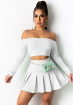 Women's Spring And Summer  Sexy Fashion Solid Color Off Shoulder Long Sleeve Crop Top Pleated Skirt Two-Piece Set