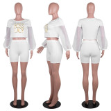 Women's See-Through Mesh Patchwork Long Sleeves Round Neck Two-Piece Shorts Set