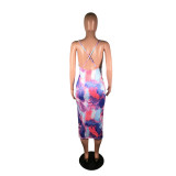 Women's Sexy Tie Dye Printed Strap Low Back Dress