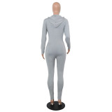 Women's Solid Color Long Sleeve Zip Hooded Slim Fit Jumpsuit