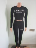 Women's Spring Letter Printed Long Sleeve Sexy Tight Fitting 2-Piece Pants Set