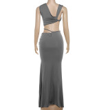 Spring Women's Fashion Slash Shoulder Low Back Tank Top Solid Color Chic Slim Maxi Skirt Two Piece Set