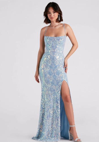 Sexy Strap Sequin Evening Dress Elegant Slit Formal Party Gown