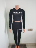 Women's Spring Letter Printed Long Sleeve Sexy Tight Fitting 2-Piece Pants Set