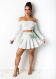 Women's Spring And Summer  Sexy Fashion Solid Color Off Shoulder Long Sleeve Crop Top Pleated Skirt Two-Piece Set