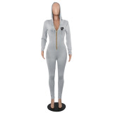 Women's Solid Color Long Sleeve Zip Hooded Slim Fit Jumpsuit