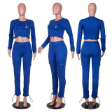Women's Round Neck Pocket Long Sleeve Drawstring Casual Two-Piece Pants Set