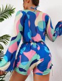 Sexy Printed Two Piece Bikini Long-Sleeved Mesh Cover-Up Romper Three-Piece Women's Swimsuit