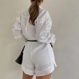 Women Casual long-sleeved shirt and Shorts two-piece set
