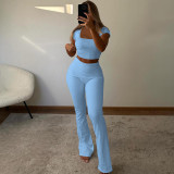 Women Summer Ribbed U-neck Short Sleeve Top and Pant Two-piece Set