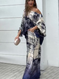Women printed long-sleeved bat shirt Top And wide-leg pants two-piece set with free belt
