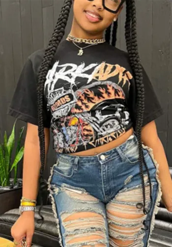 Plus Size Women Loose Round Neck Short Sleeve Printed T-Shirt
