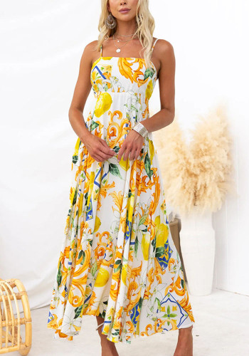 Women Spring Summer Printed Strap Back Lace-Up Elegant Dress
