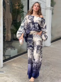 Women printed long-sleeved bat shirt Top And wide-leg pants two-piece set with free belt