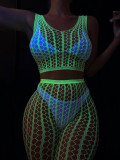Women Neon Green Luminous Hollow Net Stockings Fishnet Beach Cover-Up Sexy Lingerie