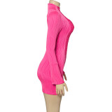 Women Spring Solid Round Neck Long Sleeve Bodycon Sexy Dress