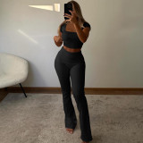 Women Summer Ribbed U-neck Short Sleeve Top and Pant Two-piece Set