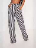 Women Black Stripe Print Straight Casual Wide Leg Pants