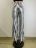 Women Black Stripe Print Straight Casual Wide Leg Pants