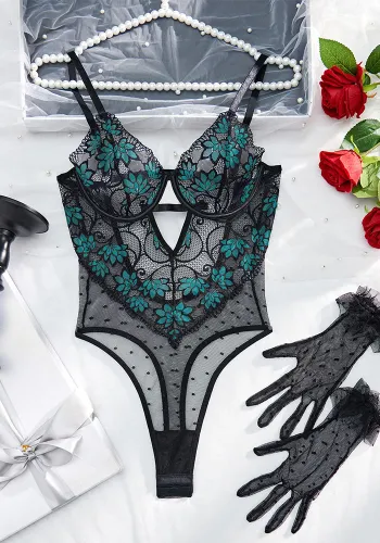 Women flower embroidery polka dot mesh hollow steel ring See-Through Sexy Lingerie two-piece set