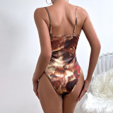 Women Street Satin Printed Suspender Sexy Backless Underwire Bodysuit