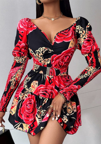 Women floral print V-neck puff sleeve dress