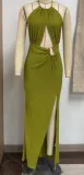Women's Solid Color Sexy Halter Neck Hollow Metal Buckle Slit Long Dress