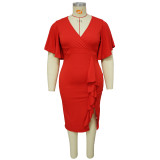 Chic Women's Solid Color V-neck Ruffle Slim Sexy Plus Size Dress