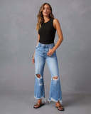 Tassels Washed Ripped Long Denim Pants Casual Wide-Leg Trousers
