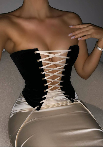 Lace-Up Strapless Top And Skirt Two Piece Set
