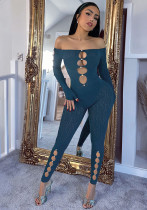 Women's Spring Solid Color Off Shoulder Long Sleeve Hollow Sexy Slim High Waist Jumpsuit