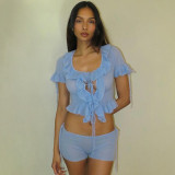 Women's Summer  Solid Color Mesh Lace-Up Crop Square Neck Short Sleeve Top Shorts Two Piece Set
