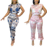 Fashionable Women's Printed Sleeveless Casual Two Piece Pants Set