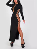 Sexy Hollow Lace-Up Slim-Fitting High-Side Slit Long-Sleeved Irregular Dress