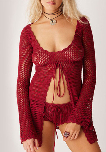 Sexy Slit Knitting Hollow Beach Bikini Swimsuit Cover-Up U-Neck Sun Protection Clothing