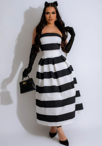 Summer Women's Clothing Fashionable Striped Print Sexy A-Line Long Dress