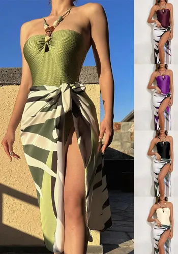 One Piece Solid Color Swimsuit Sexy Long Skirt Two Piece Set
