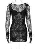 Sexy Nightclub Style Half See-Through Lace Long-Sleeved Tight Fitting Bodycon Dress