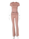 Casual Fashionable Round Neck Pullover Short-Sleeved Top Slim Trousers Two-Piece Set