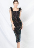 Elegant Feather Strap Sequin Evening Dress