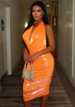 Sexy Orange Pu Leather Halter Neck Strap Low Back Slim Fit Ruch Bodycon Dress